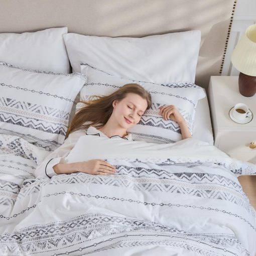 Juego de Edredon CozyDH Boho Tamaño King - 100% Algodon Egipcio de Fibra Larga Diseño Moderno con Geometrico, Moderno Transpirable Ligero Juego de Ropa de Cama para Todas las Estaciones con Fundas, 90"x104", Gris/Blanco, 3 Piezas - Imagen 3