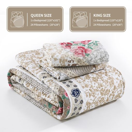 Colcha de cama extragrande KALOOLA 120x102, 100% algodon Cubrecamas floral Tamano queen, Ligera Colcha reversible Comforter Set con fundas de almohada, 3 piezas, marron - Imagen 6