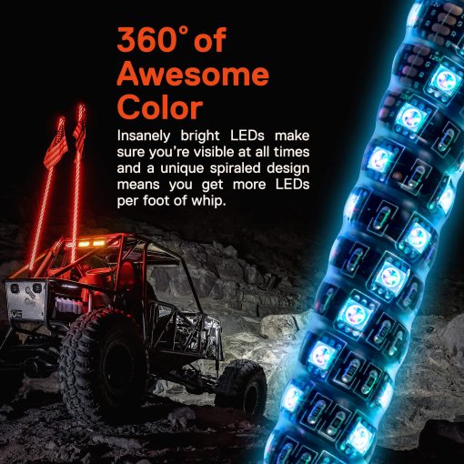 True Mods 3ft Spiral RGB LED Whip Light for UTV ATV [Control Remoto RF] [Bandera de EEUU] Antena Palo de LED Impermeable para RZR Can-Am Polaris SxS 4x4 Cuatrimoto Buggy 4 Ruedas Accesorios - Imagen 2