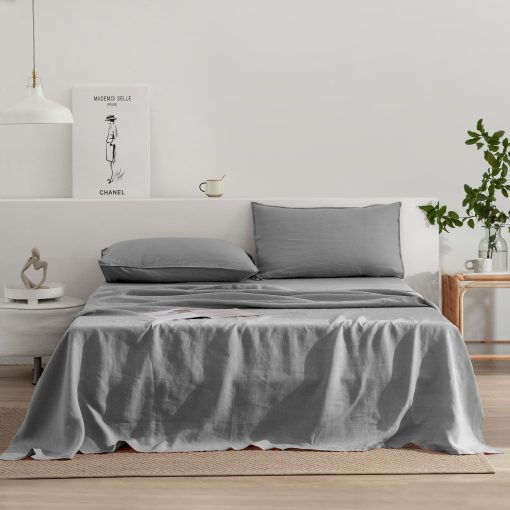 Juego de Sabanas de Lino EVERLY para Cama Queen, 100% Lino Frances Lavado a la Piedra Sabanas de Cama con Bolsillos Profundos, 4 Piezas (1 Sabana Plana, 1 Sabana Ajustable, 2 Fundas de Almohada) Juego de Ropa de Cama de Lino Natural, Gris Claro