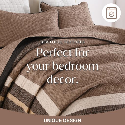 Colcha de cama extra grande FineStichery 120"x102" - Juego de cubrecamas de algodon al estilo granja para cama queen con fundas de almohada, Cubierta de cama acolchada ligera, 3 piezas, Cafe/Beige - Imagen 7