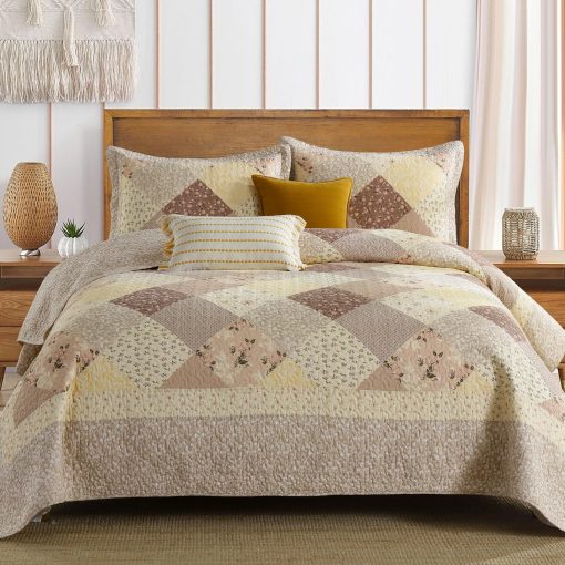 Colcha de Cama de 120"x120" Estilo Sobredimensionado California King de Finlonte, 100% Algodon Colcha Cal King Acolchada, Reversible Acolchado Extra Grande de Estilo Granja XL, Marron/Blanco Crema, 3 Piezas - Imagen 3