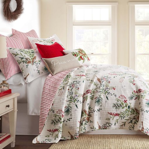 Set de Edredon de Navidad Levtex Home - Winterberry Forest - Tamaño Full/Queen 88x92 y Dos Fundas Estandar 20x26 - Verde, Rojo, Gris y Crema - Reversible - Algodon/Poliester - Imagen 2