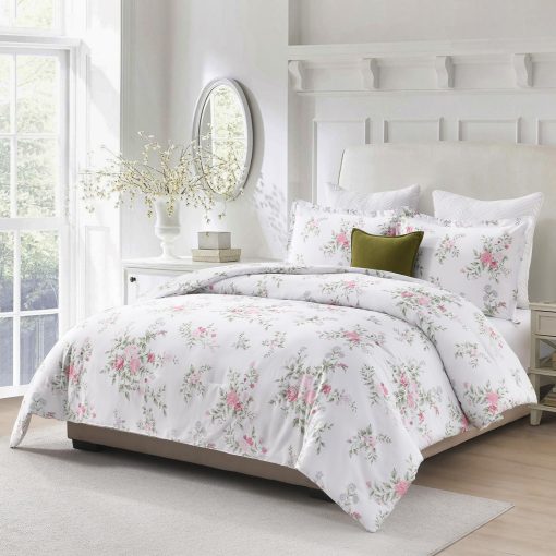 Juego de edredon King Floral Finlonte - Edredon de algodon tamano King, lujoso edredon acolchado de estilo farmhouse, 3 piezas de ropa de cama mullida para cama King durante todo el ano, Blanco/Rosa/Verde, 104"x90" - Imagen 3
