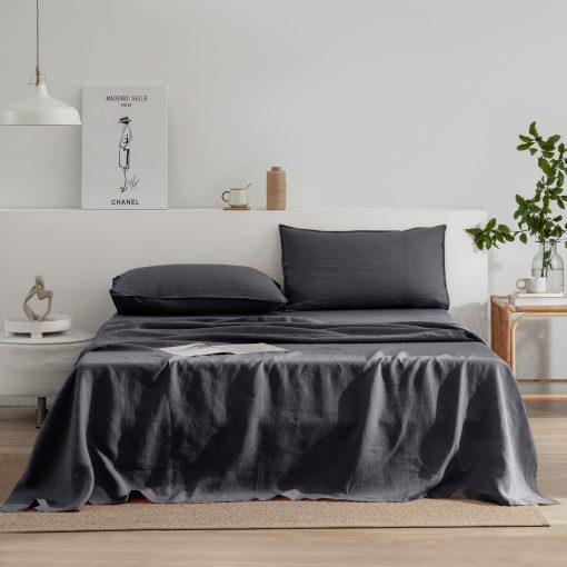 Juego de sabanas de lino EVERLY para cama tamano Full, 100% lino puro frances lavado a la piedra, 4 piezas (1 sabana plana, 1 sabana ajustable, 2 fundas de almohada) Adecuado para personas calurosas, juego de ropa de cama natural - Gris Oscuro