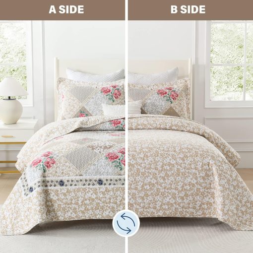 Colcha de Cama Extragrande Finlonte 102x120 Pulgadas - Colcha de Cama Queen Extragrande 100% Algodon, Colcha Acolchada Extragrande de Estilo Campestre, Cubrecama Reversible Ligero, Juego de Ropa de Cama, Marron/Gris - Imagen 2
