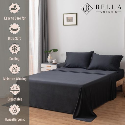 Juego de sabanas de lujo King Bella Coterie | Cultivado organicamente | Ultra suave | Refrigerante para personas que duermen calientes | Bolsillo profundo de 18" | Viscosa hecha de bambu [Negro] - Imagen 2