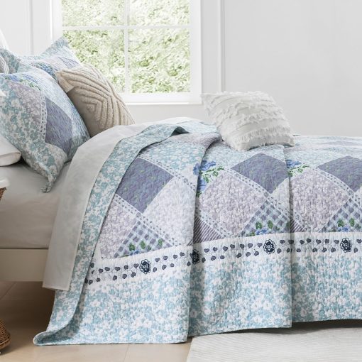 Colcha Extra Grande de Algodon al 100% de Finos Bordados 120"x102", Colchas de Cama Queen Livianas, Colcha Floral Extra Grande, Cubrecamas Reversible Acolchados, 3 Piezas, Azul - Imagen 3
