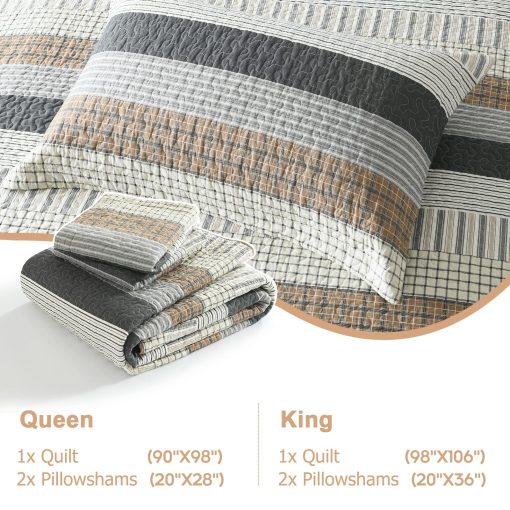 Juego de colcha Queen Size Finlonte, Juego de colcha Queen, Colcha de algodon 100%, Juego de ropa de cama Queen acolchado a rayas en gris, Colchas reversibles suaves y ligeras, Juego de edredon confortable para todas las estaciones, 3 piezas - Imagen 5