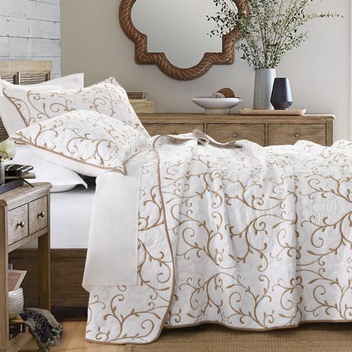 Juego de colchas Finestichery tamano queen - Colcha de algodon al 100% para cama queen, colchas de vina bordadas, juego de ropa de cama acolchado de estilo campestre con fundas de almohada, edredon ligero para todas las temporadas, beige/blanco - Imagen 3