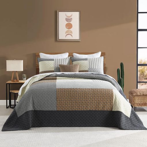 SahSahCasa 100% Algodon 128"x120" Colcha Cubrecama Edredon Cal King XL, Juego de colcha oversized Cal King, Colcha Acolchada Grande, Colcha Patchwork Plaid Ligera, Marron/Crema/Gris - Imagen 2