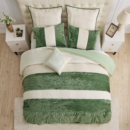 Maravilloso Set de Edredon de Terciopelo King Size de Seda Artificial - Juego de Cama de 3 Piezas Plisado a Rayas de Lujo, Ligero y Acogedor, Sensacion de Algodon, Juego de Ropa de Cama de Navidad Suave y Esponjoso (Verde Menta, King) - Imagen 7