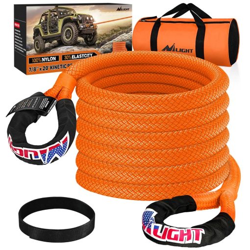 Cuerda de Recuperacion Cinetica Nilight 28,600LBS 7/8in x 20ft Correa de Arrastre Fuerte para Offroad Vehiculos UTV ATV SUV Camion Coche Tractor, Kit de Recuperacion de 2 Anos de Garantia