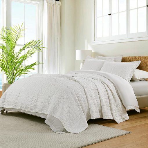 Juego de Edredon 100% Algodon PANGUSHAN Tamano King, Juego de Ropa de Cama con Patron de Bordado, Colcha Ligera de Estilo Granja, Blanco Beige Colcha Reversible para Cama King, 3 Piezas - Imagen 2