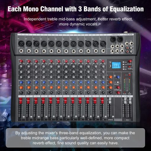 Mezcladora de Audio Inalambrica de 12 Canales, Equipo DJ Profesional, Consola con Bluetooth USB, Mezcladora DJ con Efectos, Mesa de Sonido con Alimentacion de 48V, Entrada/Salida RCA para Profesionales y Principiantes (12 Canales) - Imagen 5