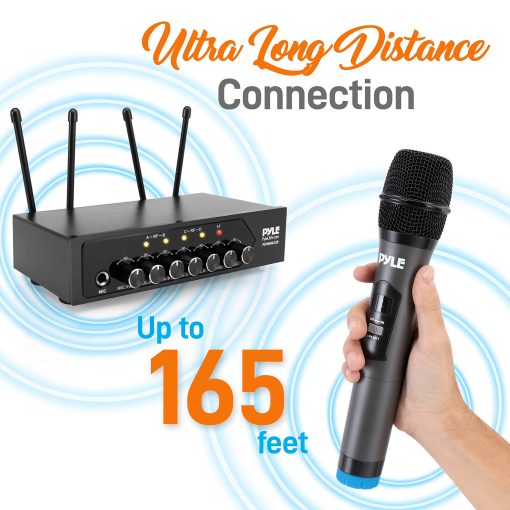 Sistema de Microfono Inalambrico UHF Portatil Pyle - Set de Cuatro Microfonos Bluetooth Inalambricos con Bateria, 50 Canales de Frecuencia Selectable, Base Receptora, AUX, Karaoke DJ Fiesta - Pyle PDWM4120 - Imagen 3