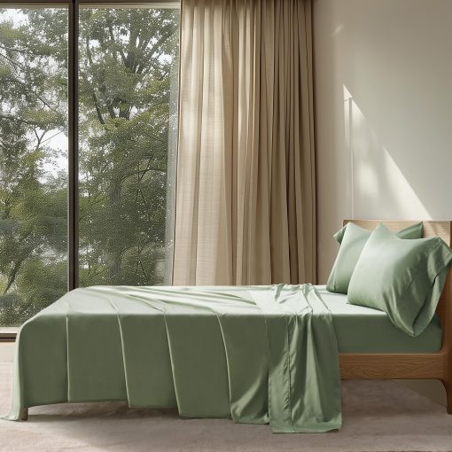 Juego de sabanas de algodon Tencel King Size de 4 piezas EVERGRACE, suaves y frescas, sabanas de lujo de lyocell de eucalipto organico con bolsillo profundo, 1 sabana bajera, 1 sabana plana, 2 fundas de almohada, color verde salvia - Imagen 8