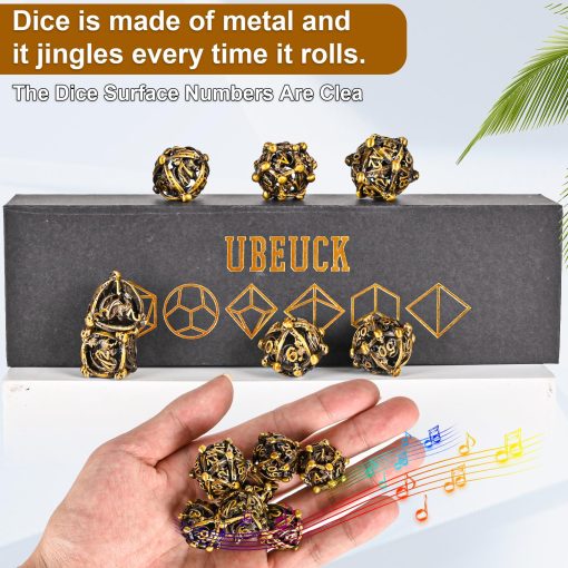 Set de dados de metal DND, UBEUCK 7PCS Dados de Craneo y Dragon de Metal DND para Dungeons & Dragons - Juego de Rol Multifacetico RPG de Metal (Dados dorados) - Imagen 6