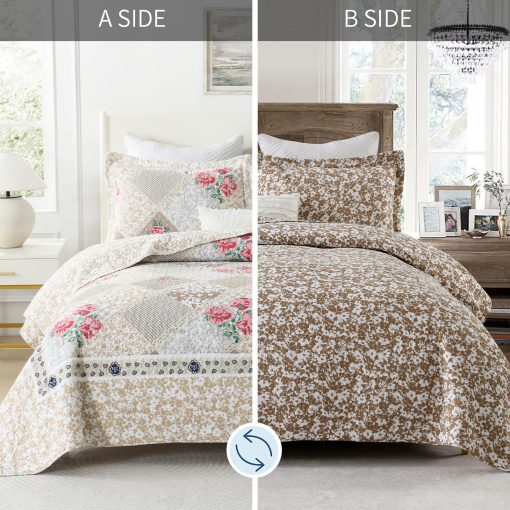 Colcha de Pared 100% Algodon de Gran tamano 128"x120", Colchas California King livianas, Colchas florales extra grandes, Colcha Reversible Acolchada para Cama, 3 Piezas, Marron - Imagen 6