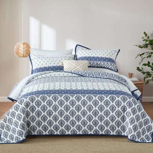 Juego de Edredon LORRIARD Tamaño Queen, 100% Algodon Floral Queen, Azul Blanco Suave Reversible Juego de Cama de Edredon Queen para Todas las Estaciones