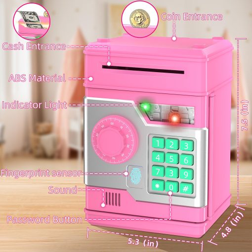 Hucha Automatica Electronica NAFEIV para Ninos y Ninas con Contrasena y Desbloqueo de Huella Dactilar Simulacion, Caja de Dinero Segura para Ninos Juguetes para Ninos de 3 4 5 6 7 8 9 10 Anos (Rosa) - Imagen 2