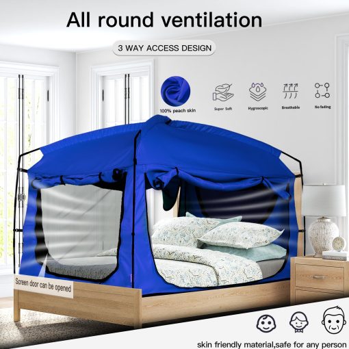 Tienda de Cama Portatil para Privacidad en Tamaño Queen, 90% de Bloqueo de Luz para Dormir, Tienda de Espacio Interior con Gran Espacio de Malla Transpirable (Azul, Queen) - Imagen 2