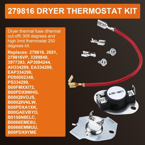 Elemento Calefactor para Secadora 3387747 AP6008281 Ajuste para Whirlpool gew9250pw1 con Kit de Termostato 279816 & Fusible Termico 279973 3392519 Kit de Corte Termico para Secadora 2024 Actualizado - Imagen 5