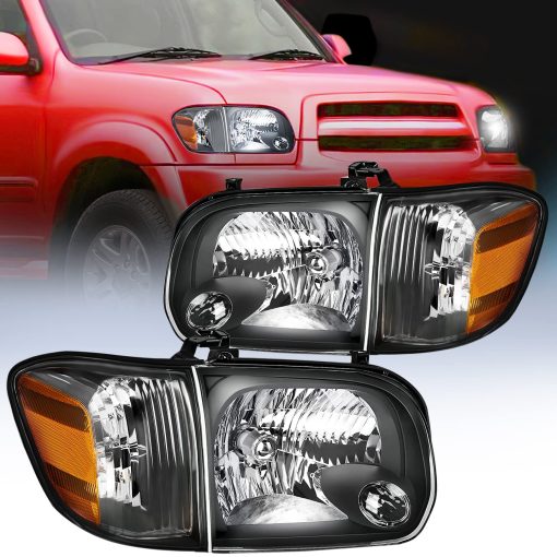 Conjunto de Faros Nilight para Toyota Tundra 2005 2006 Cabina Doble de 4 Puertas 2005 2006 2007 Sequoia Pickup Reemplazo de Carcasa Negra con Reflector ambar Lado del Conductor y del Pasajero, Garantia de 2 Años