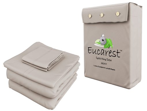 Juego de Sabanas Dividido Split-King de Eucalipto Lyocell, Hipoalergenicas 100% Organicas de Tencel, Regulacion Termica y Absorcion de Humedad para Personas Calurosas, Calidad de Hilo Superior, Bolsillos Extra Profundos - Gris - Imagen 9