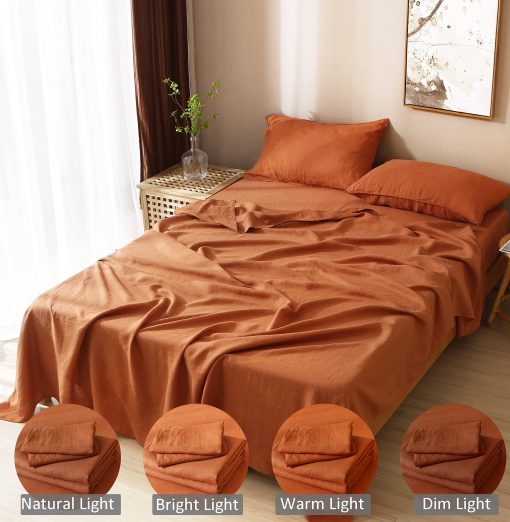 Juego de Sabanas 100% Lino Frances Organico S VICTORY SYMBOL en Caramelo, Certificado GOTS Piedra Lavada 3 Piezas Juego de Cama Boho, Transpirable y Duradero (Tamano Individual) - Imagen 3
