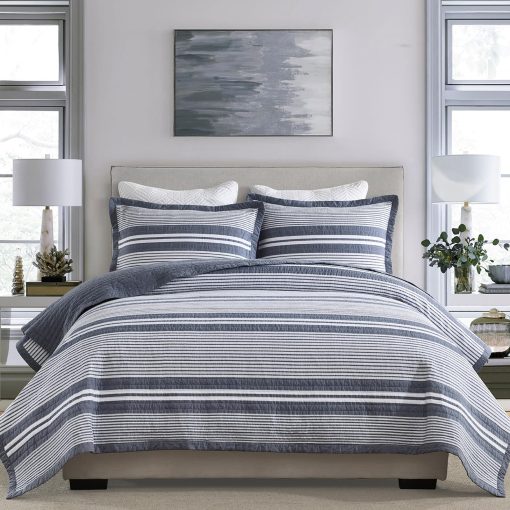 Juego de colcha de 100% algodon tamaño King, Juego de colcha King Bedding, Colcha de textura de gofre para cama King, Colcha reversible a rayas para cama ligera, 3 piezas, gris pizarra - Imagen 2