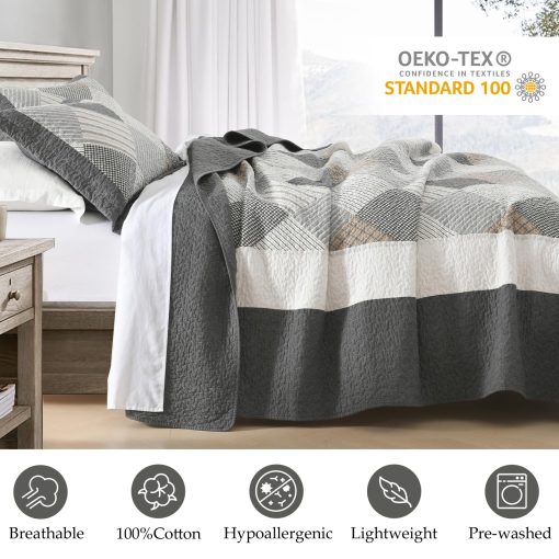 Juego de Edredon CozyStitch King - Set de Ropa de Cama Acolchado de Estilo Granja 100% Algodon con 3 Piezas en Gris Oscuro/Blanco/Marron - Imagen 4