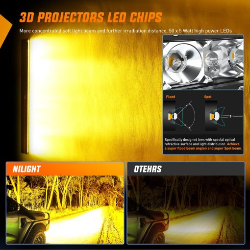 Barra de luz LED Nilight ambar 51 pulgadas 250W Super Slim Spot Flood Combo 24500LM 3D Driving Fog Off Road Lights para camiones Pickup SUV ATV UTV Boat 4x4 Van Camper-2 Style Mounting, 2 años de garantia - Imagen 6
