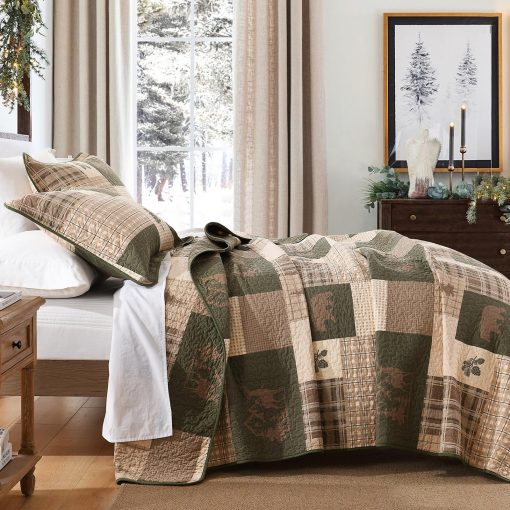 Edredon Queen Size Finlonte, 100% Algodon Edredon Cabana Queen, Juego de Edredon de Cabana de Granja Queen, Colcha Reversible Ligera para Todas las Estaciones, Marron/Verde Grisaceo/Beige - Imagen 2