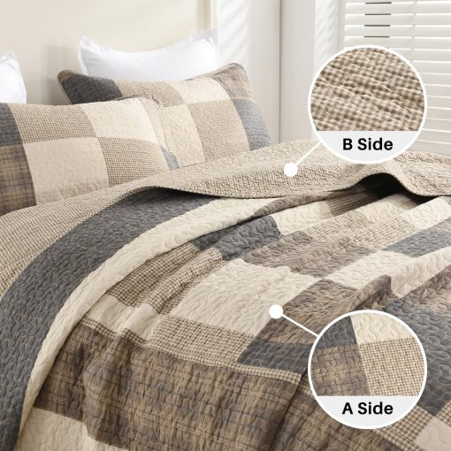 Colcha de cama extragrande FineStichery 120" x 120", 100% algodon Colcha ligera de cama de cobertor de cama de campo, juego de cobertor de cama de 3 piezas, carbon/beige/marron - Imagen 6