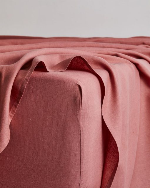 Sabana ajustable de lino Bed Threads - 100% lino frances - 170 GSM - Lujo y respetuoso con el medio ambiente - Transpirable, duradero y suave - Solo sabana ajustable individual - Lavable a maquina - King - Arcilla Rosa
