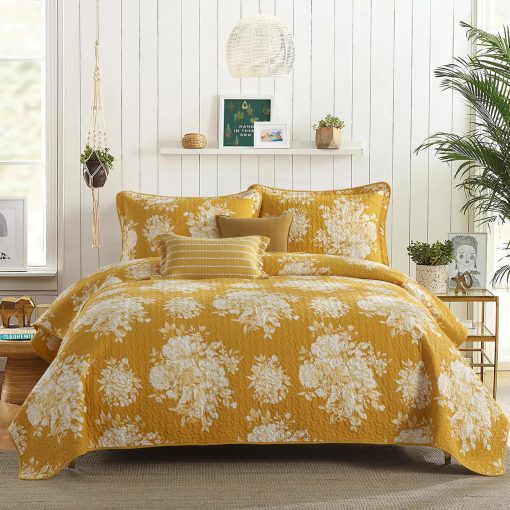 Colcha de Tamaño King 100% algodon DUOHONG, Amarillo Floral Juego de Cama King Colcha Ropa de Cama Ligera Edredon para Cama King, 3pcs, Amarillo Abeto