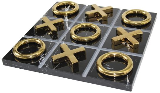 Juego de Tres en Raya de Marmol para Decoracion de Sala de Estar en Negro y Oro XO con Marmol Negro y Acero Inoxidable Dorado Tablero Decorativo de Mesa de Cafe
