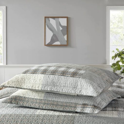 Colcha de Tamaño King Finlonte, Juego de Colcha de Cama King de Algodon, Gris(Azul) Colcha de Cama King Patchwork a Cuadros, Colchas Reversibles Suaves de Tamaño King, 3 Piezas - Imagen 4
