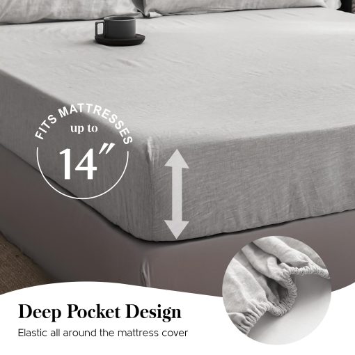 Juego de sabanas de lino lavado 100% Simple&Opulence-Tamano King-Lino Natural de Francia-4 Piezas Transpirable, Ultra Suave, Ropa de Cama Campestre (1 Sabana Plana, 1 Sabana Ajustable, 2 Fundas de Almohada)-Bordado Gris - Imagen 4
