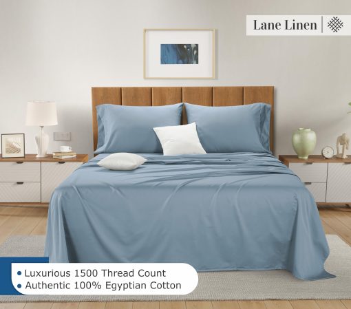 Juego de sabanas King Size LANE LINEN 100% algodon egipcio - 1500 hilos, 4 piezas - Juego de sabanas de algodon de lujo con tejido de saten King Size - Bolsillo extra profundo de 15" - Azul Frances - Imagen 2