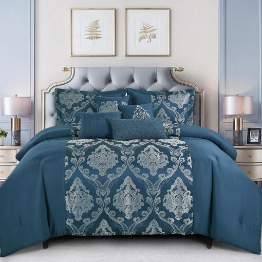 Juego de edredon Daryl Jacquard Azul de 7 piezas, Juego de ropa de cama con medallon - Tamaño Queen