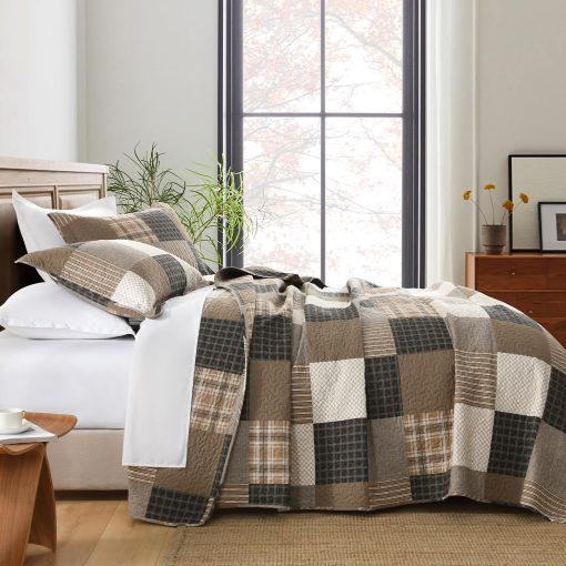 Juego de edredon 100% algodon PANGUSHAN tamano Queen, Edredon Queen, Juego de ropa de cama rustico de cuadros de granja ligero Edredon acolchado Colcha, Edredon carbon / beige / marron para cama Queen, 3 piezas - Imagen 2