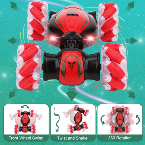 Coche de acrobacias RC con deteccion de gestos IQKidz - Rojo Navideno, Mejores Regalos de Cumpleanos para Ninos de 6-12, Juguetes de Coches de Doble Lado de Control Remoto Manual con Luz y Musica, 4x4 de Deriva Todoterreno para Rotacion - Imagen 3
