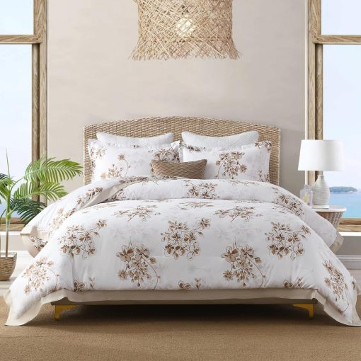 Juego de Edredon King Size PANGUSHAN, Edredon Acolchado de Algodon Floral Esponjoso para Cama King, Set de Cama de Lujo, Todas las Estaciones, Alternativa al Plumon, 3 Piezas, Blanco/Marron - Imagen 2