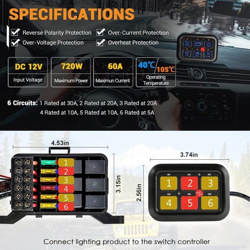 Panel de Interruptores para 6 Circuitos Rugged TUFF con Sistema de Control de Reles Tactiles Botones LED Regulables Interruptores Universales de Multiples Funciones para Automoviles Camiones Barcos Marinos UTV SUV RV - Imagen 4