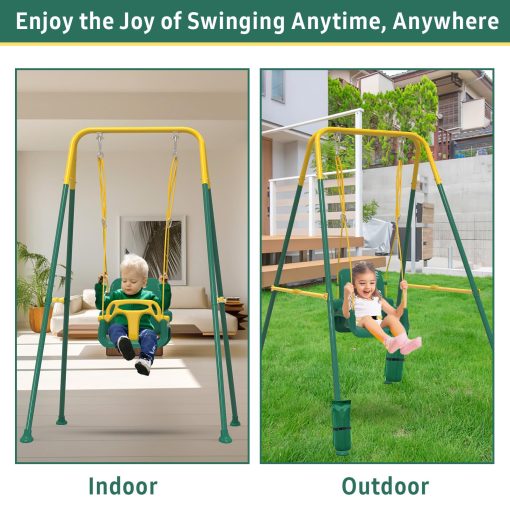 Columpio multifuncional para niños con 4 sacos de arena para estabilidad, columpio plegable para uso interior y exterior, facil de instalar y almacenar para patios traseros - Verde - Imagen 7