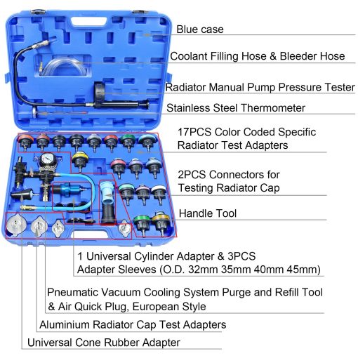 YSTOOL Juego de Prueba de Presion del Radiador y Kit de Relleno de Vacio de Refrigerante 33PCS para Automoviles Herramienta de Prueba de Fugas del Sistema de Enfriamiento Neumatico Tanque de Agua de Purga y Relleno con Adaptador de Medidor Universal para Automovil Airlift - Imagen 2