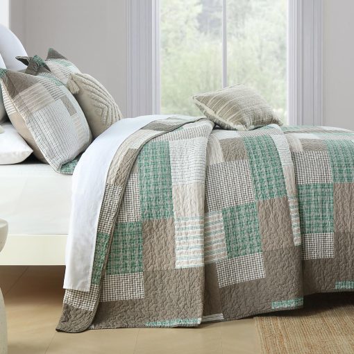 Juego de Edredon King Size SahSahCasa, Juego de Edredon King, Juego de Ropa de Cama de Edredon King 100% Algodon, Colcha Patchwork de Estilo Granja, Colcha Reversible Ligera Rustica, Verde/Marron Arenoso/Blanco - Imagen 3