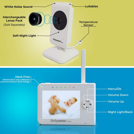 Monitor de Bebe Babysense 3.5" Pantalla con Camara y Audio, Alcance de 960ft (Espacio Abierto), Luz Nocturna, Audio Bidireccional, Zoom, Vision Nocturna, Canciones de Cuna - Imagen 6